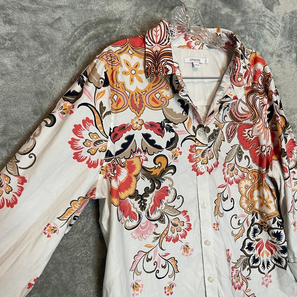 Chico's White Button-Down Shirt with Coral, Mustard & Black Floral Print